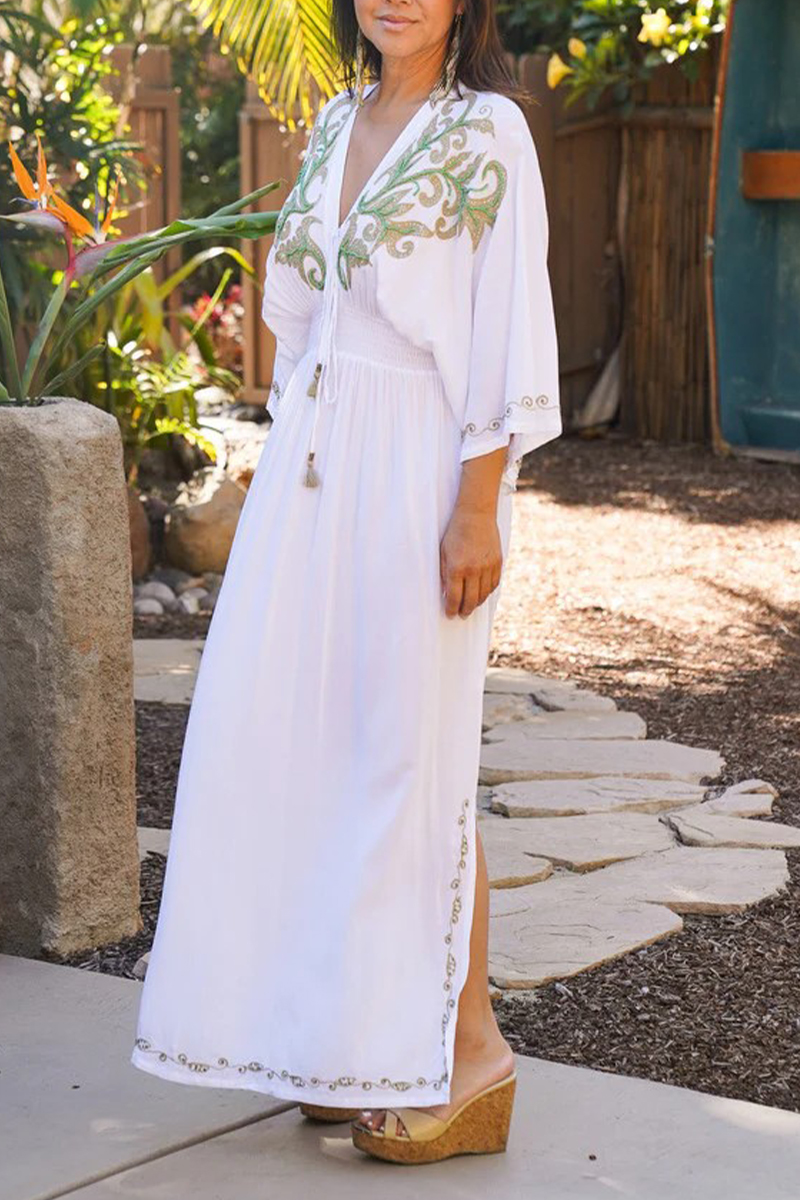 Womens Deep V-neck Half Elbow Sleeve Embroidered Casual Maxi Dress