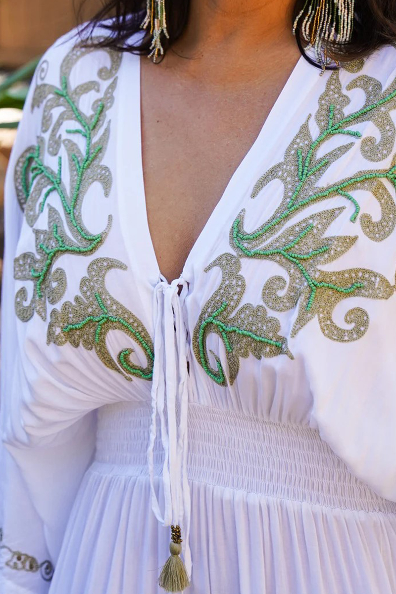 Womens Deep V-neck Half Elbow Sleeve Embroidered Casual Maxi Dress