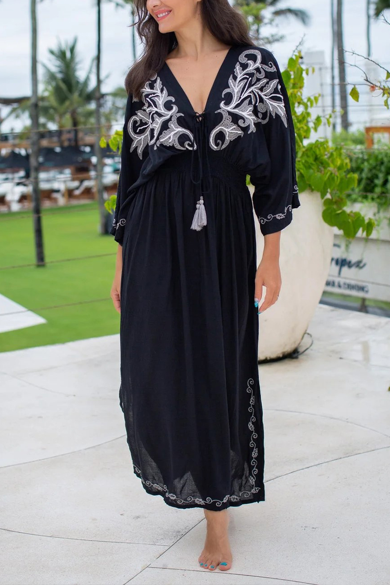 Womens Deep V-neck Half Elbow Sleeve Embroidered Casual Maxi Dress