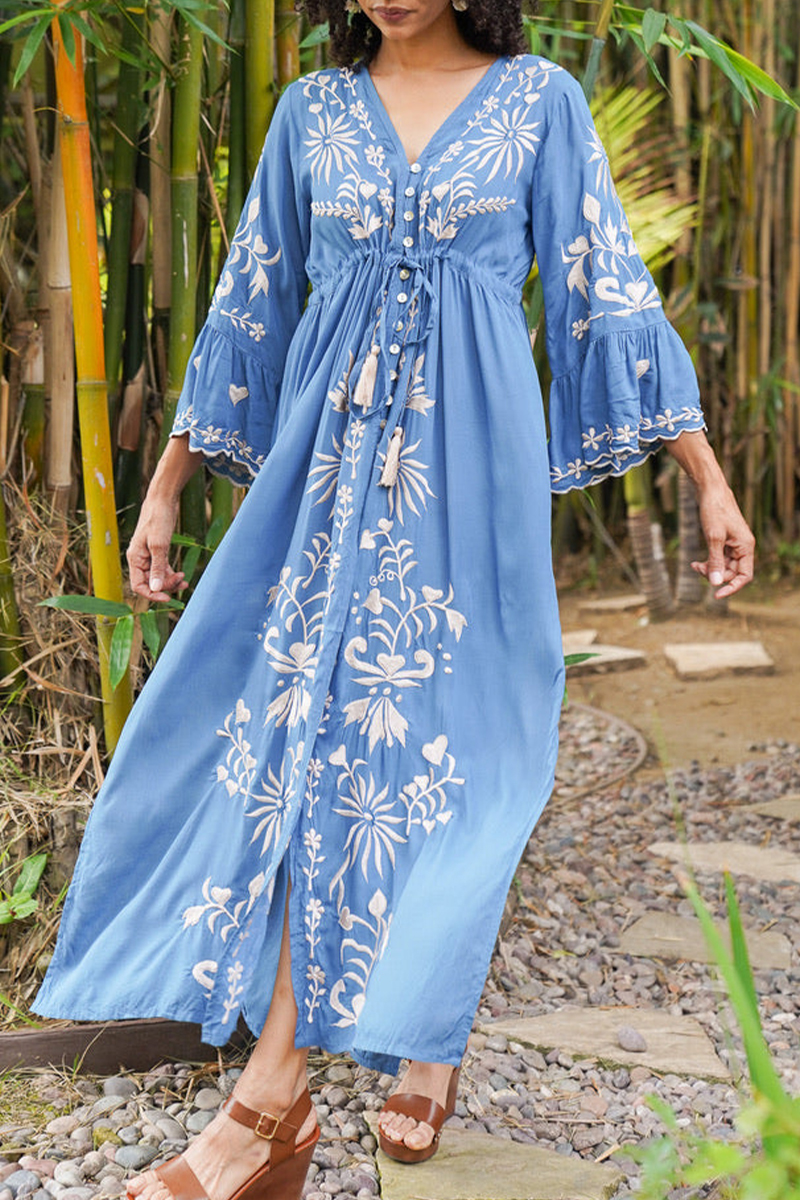 Womens V-neck Half Elbow Sleeve Embroidered Casual Maxi Dress