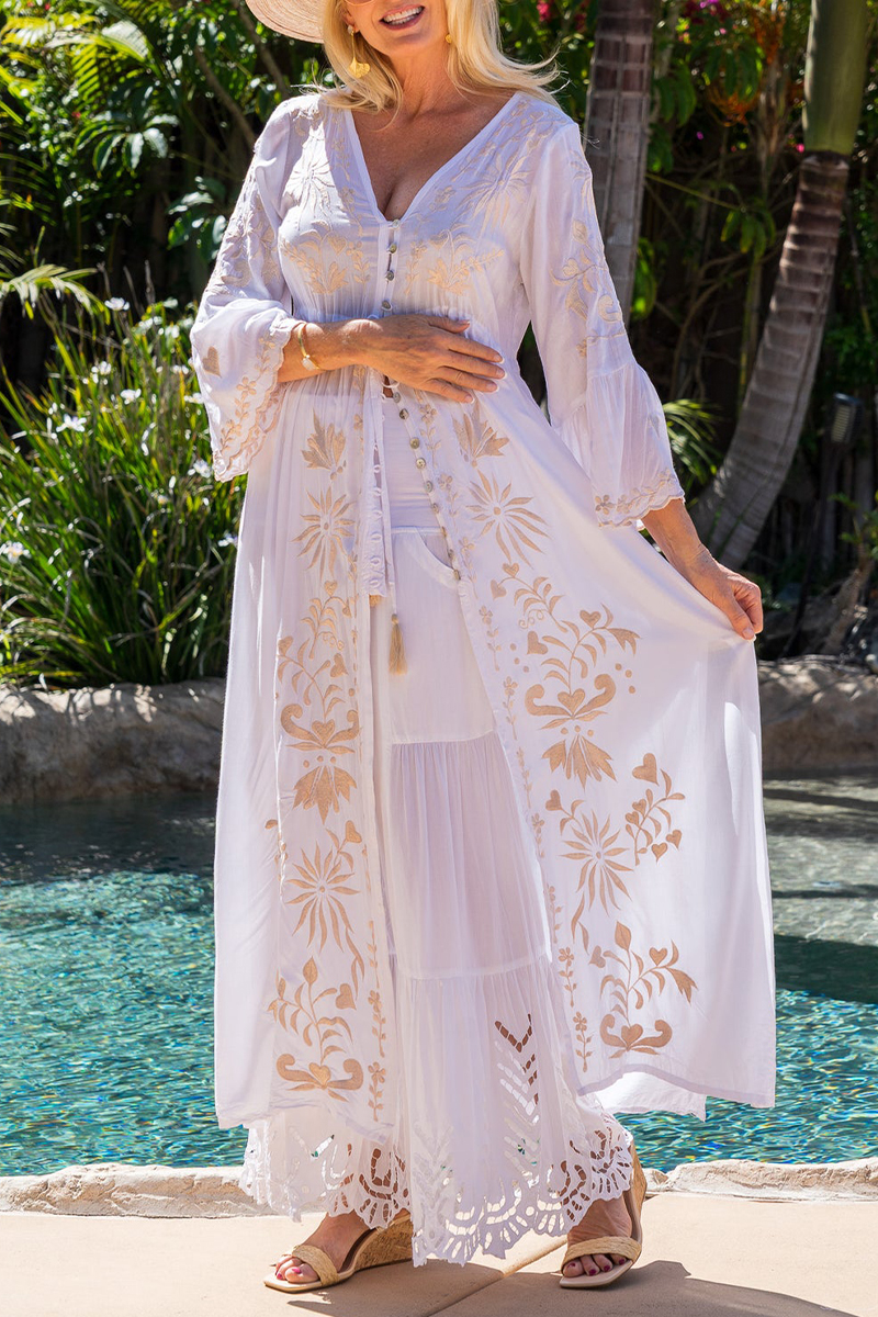 Womens V-neck Half Elbow Sleeve Embroidered Casual Maxi Dress