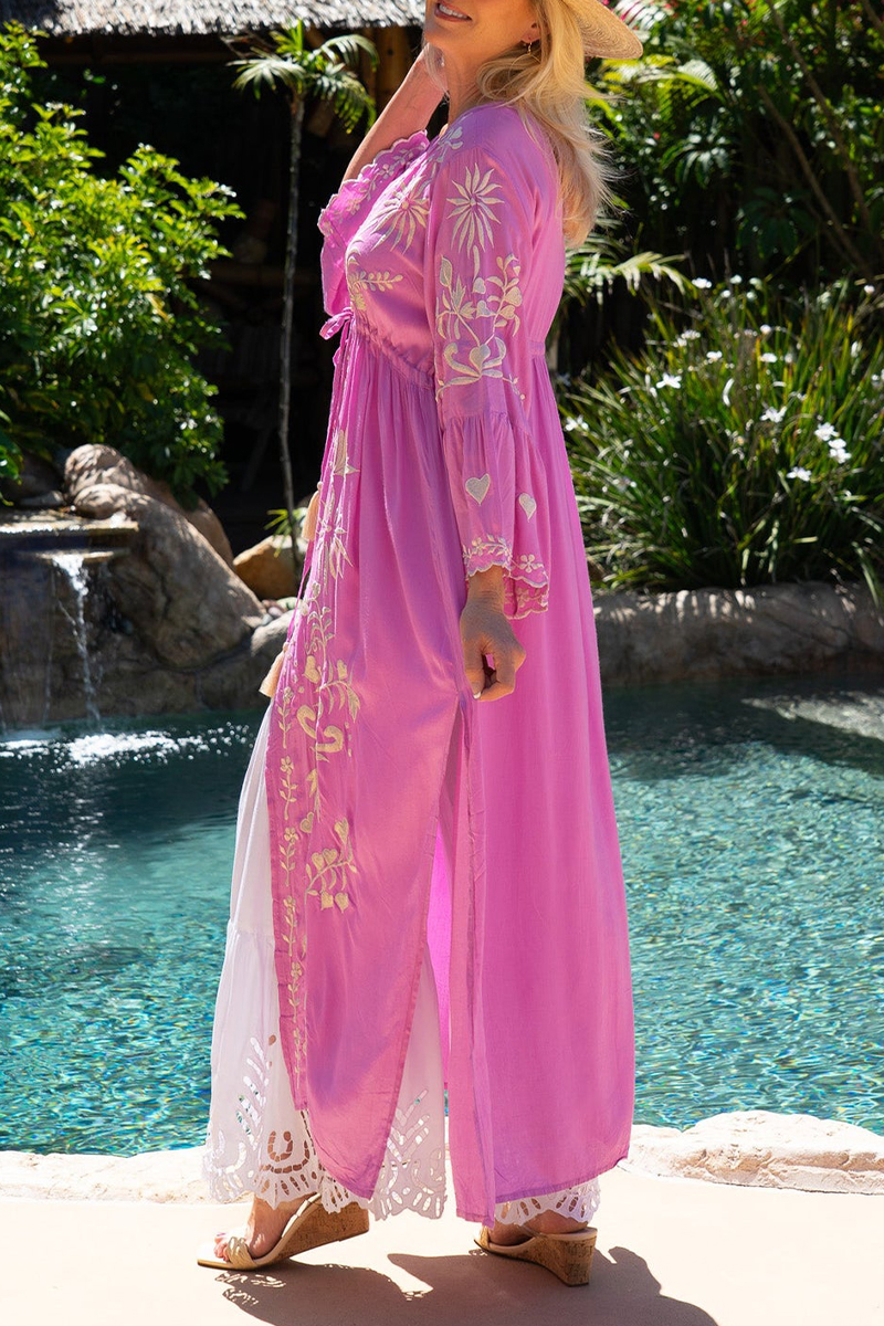 Womens V-neck Half Elbow Sleeve Embroidered Casual Maxi Dress