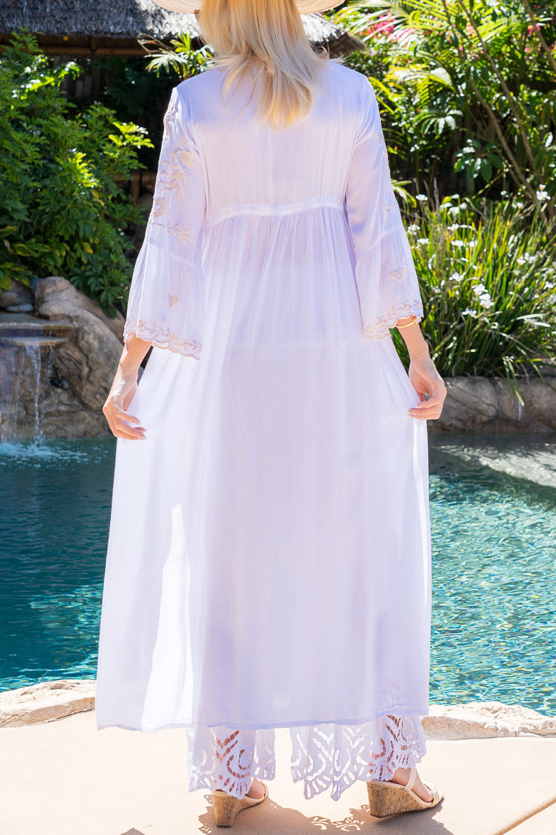 Womens V-neck Half Elbow Sleeve Embroidered Casual Maxi Dress