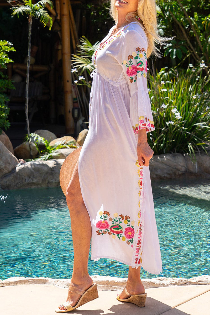 Womens V-neck Half Elbow Sleeve Slit Embroidered Casual Maxi Dress