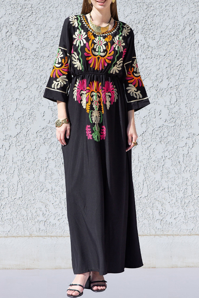 Womens Round Neck Elbow Long Sleeved Embroidered Elegant Casual Maxi Dress