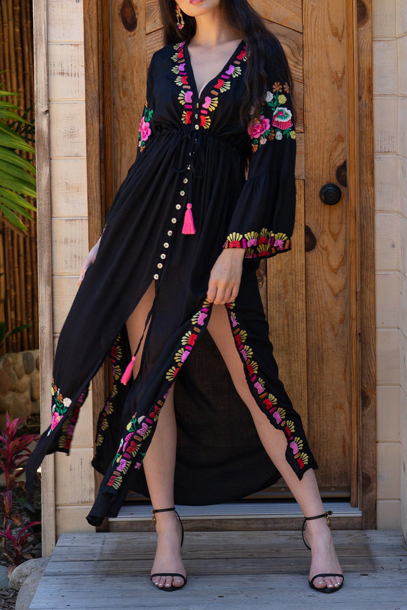 Womens V-neck Half Elbow Sleeve Slit Embroidered Casual Maxi Dress