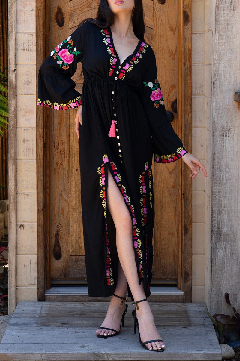 Womens V-neck Half Elbow Sleeve Slit Embroidered Casual Maxi Dress