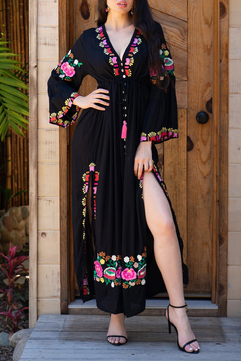 Womens V-neck Half Elbow Sleeve Slit Embroidered Casual Maxi Dress