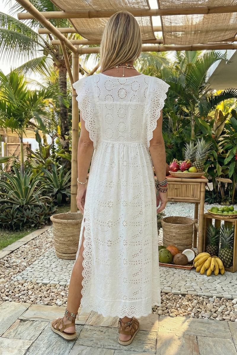 Women Square Neck Hollow Short Sleeved Slit Elegant Casual Maxi Dress