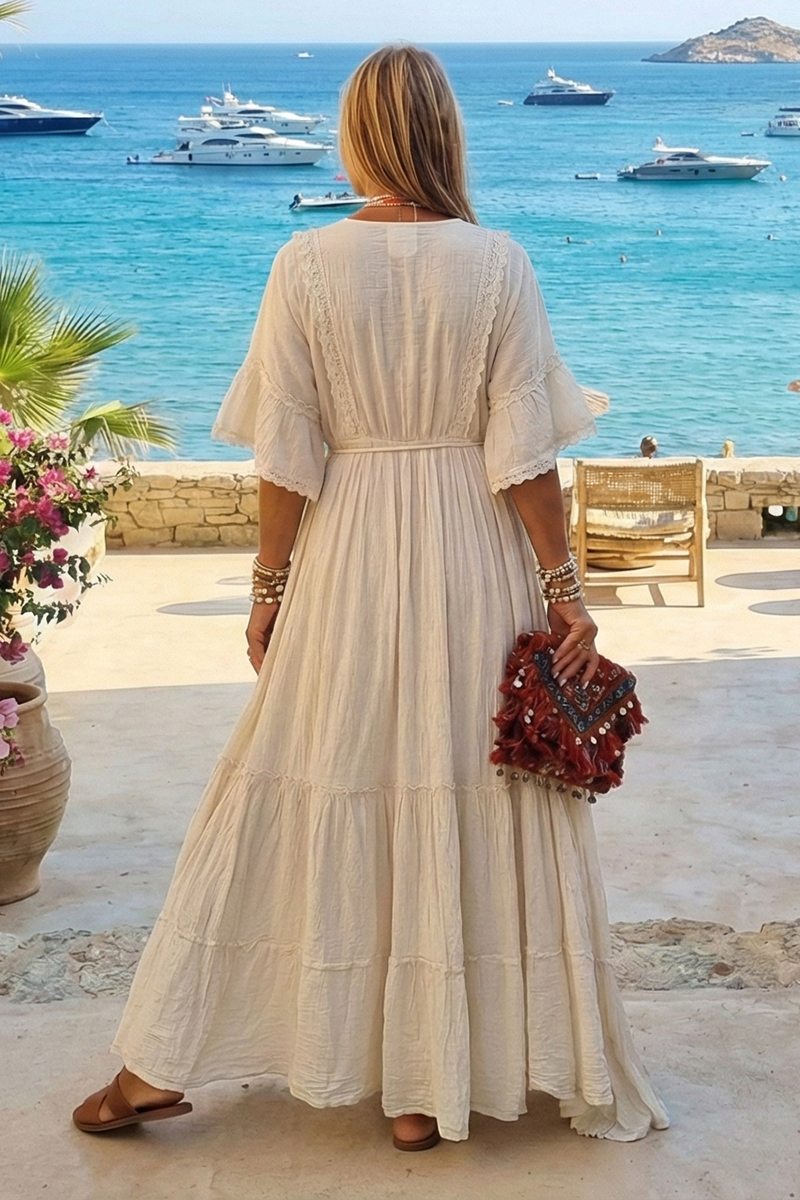 Women Deep V-neck Half Sleeved Solid Color Elegant Casual Maxi Dress