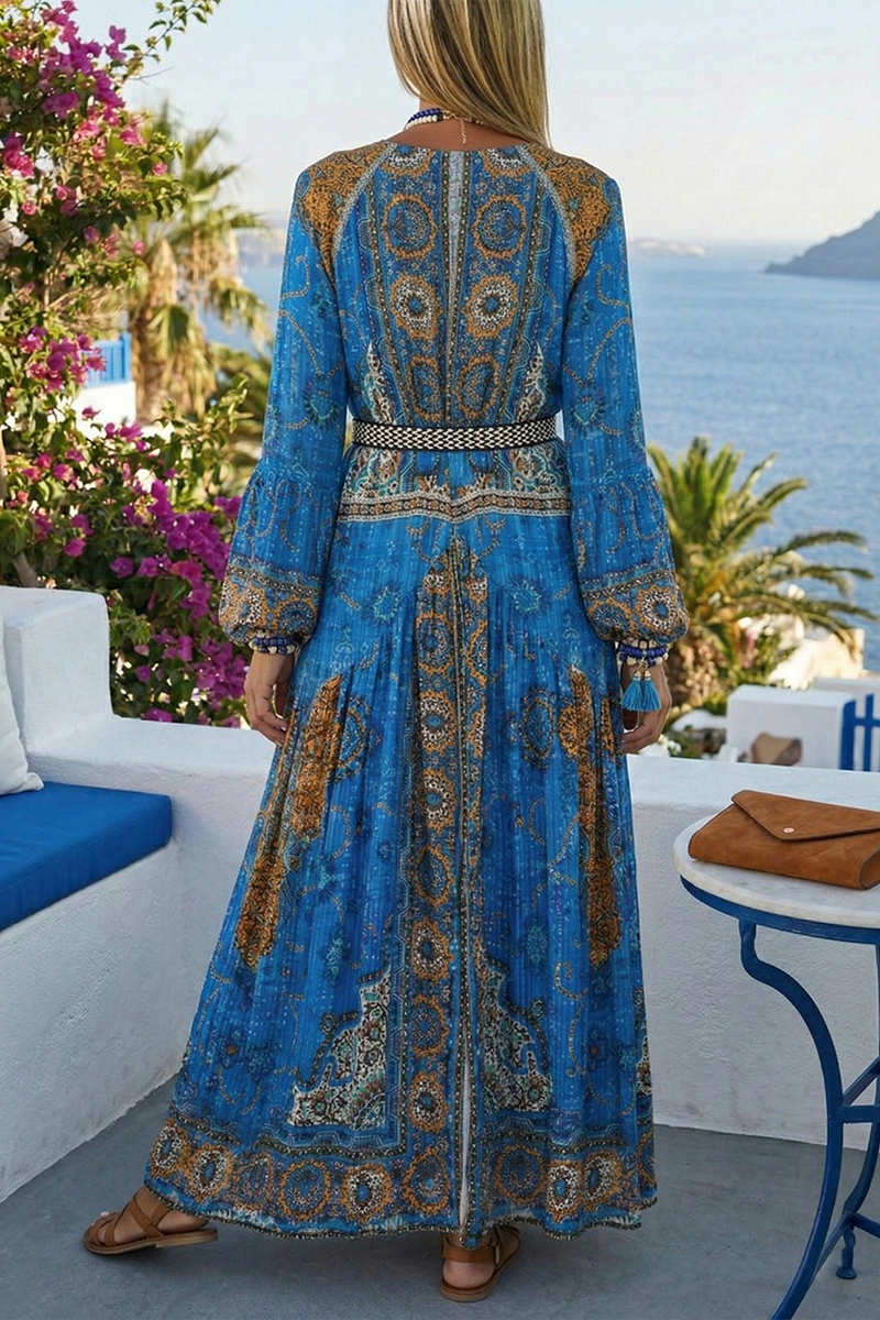 Women Deep V-neck Long Sleeved Printed Elegant Casual Maxi Dress