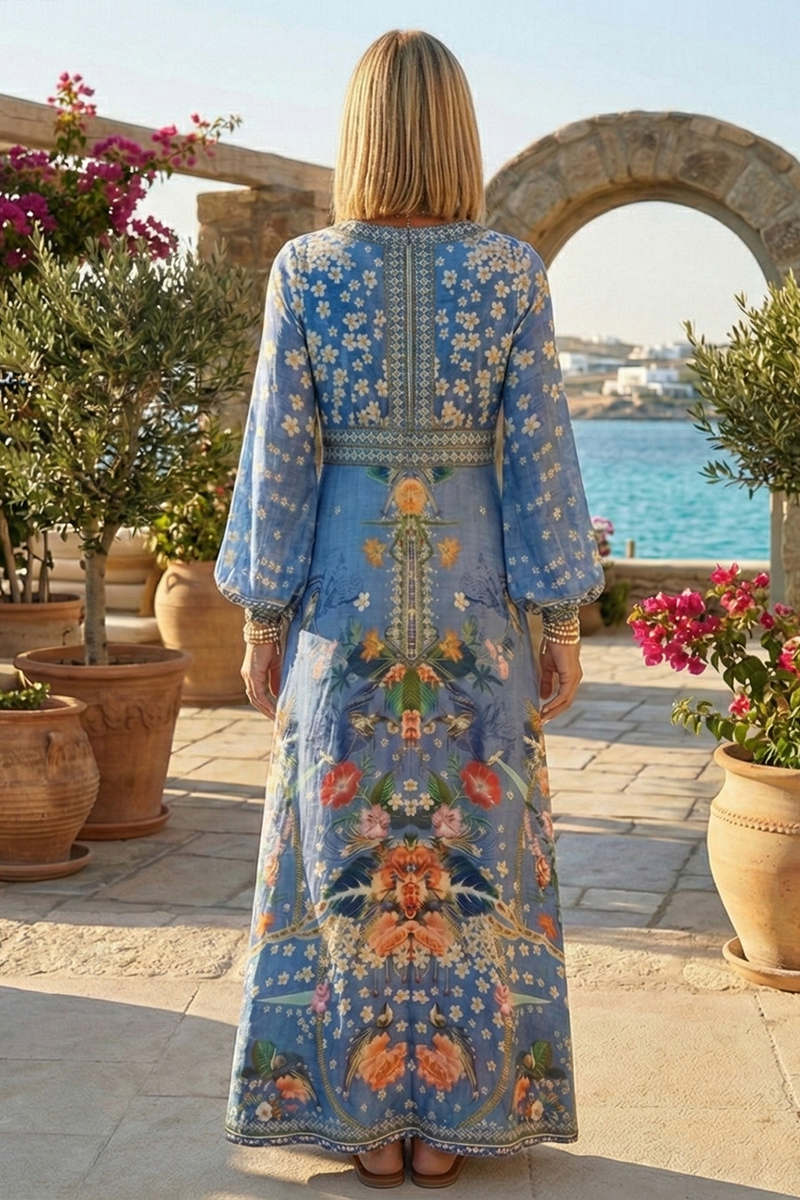 Women Deep V-neck Long Sleeved Patchwork Print Elegant Casual Maxi Dress