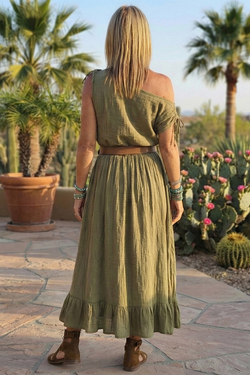 Women Off-shoulder Short-sleeved Solid Color Patchwork Casual Maxi Dress