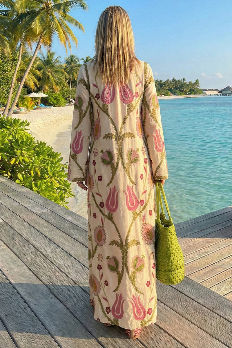 Women Round Neck Long Sleeved Printed Elegant Casual Maxi Dress