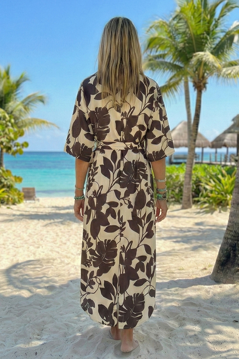 Women Collar Print Half Elbow Sleeve Casual Long Dress