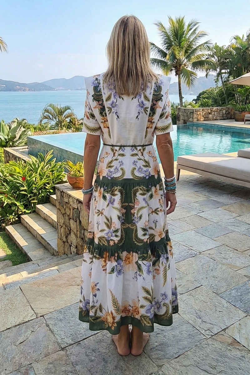 Women Collar Short Sleeved Printed Elegant Casual Maxi Dress