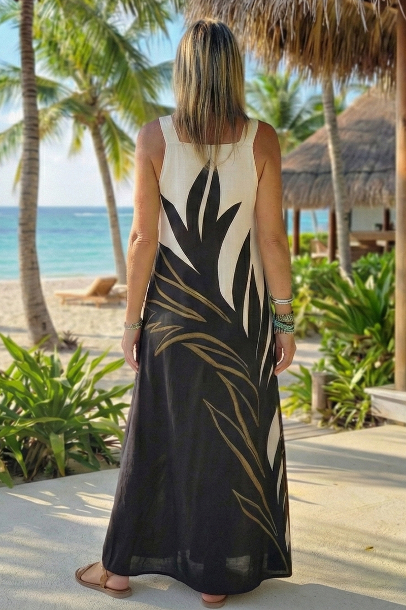 Women Square Neck Sleeveless Printed Elegant Casual Maxi Dress