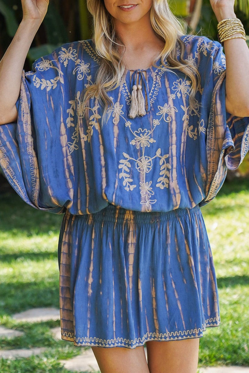 Women V-neck Embroidered Half Sleeved Top + Half Skirt Tie Dye Casual Suit