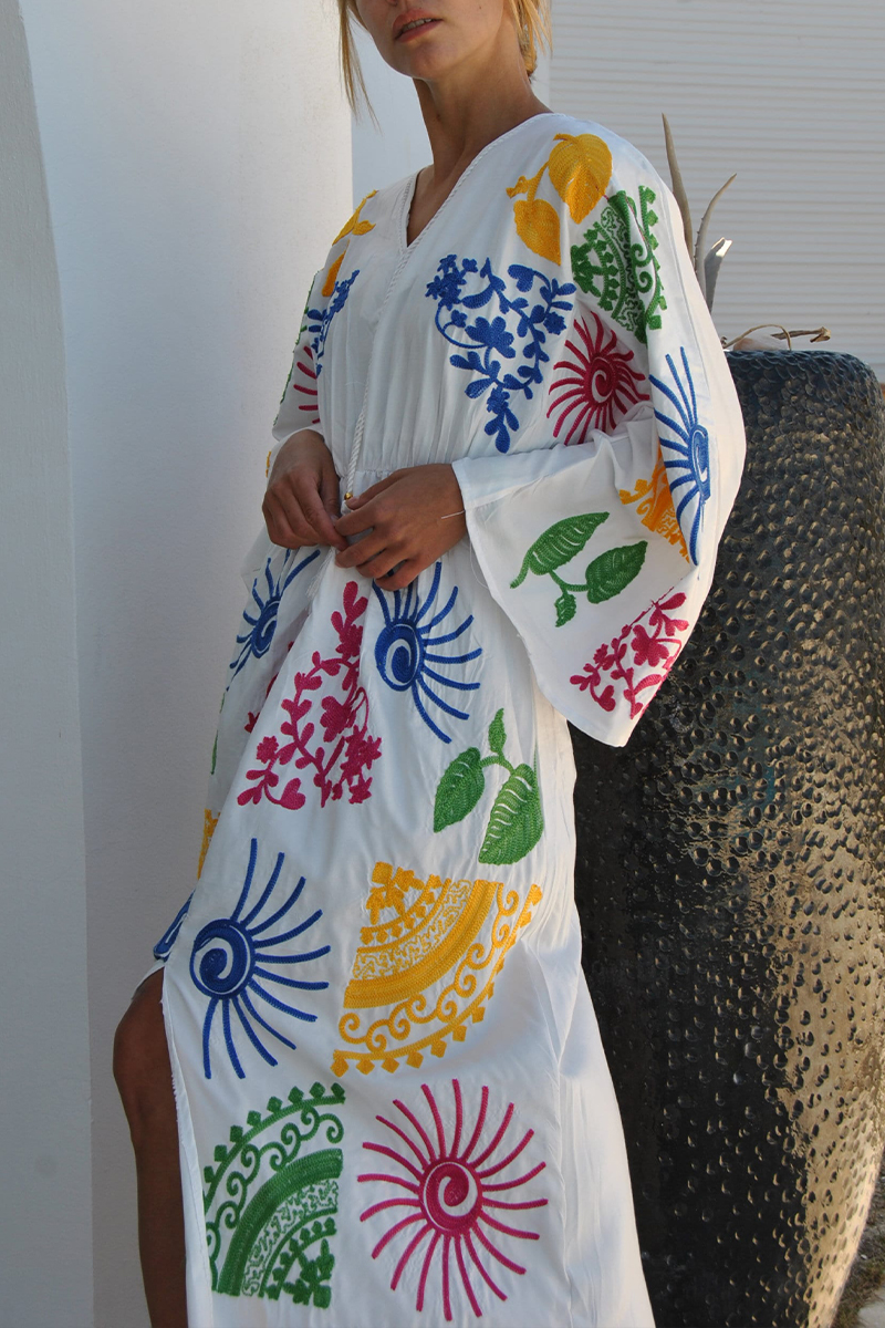 Women V-neck Long Sleeved Embroidered Casual Maxi Dress