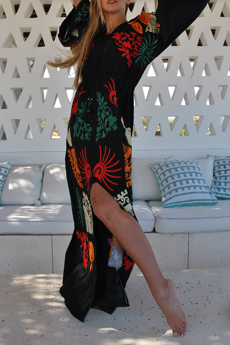 Women V-neck Long Sleeved Embroidered Casual Maxi Dress