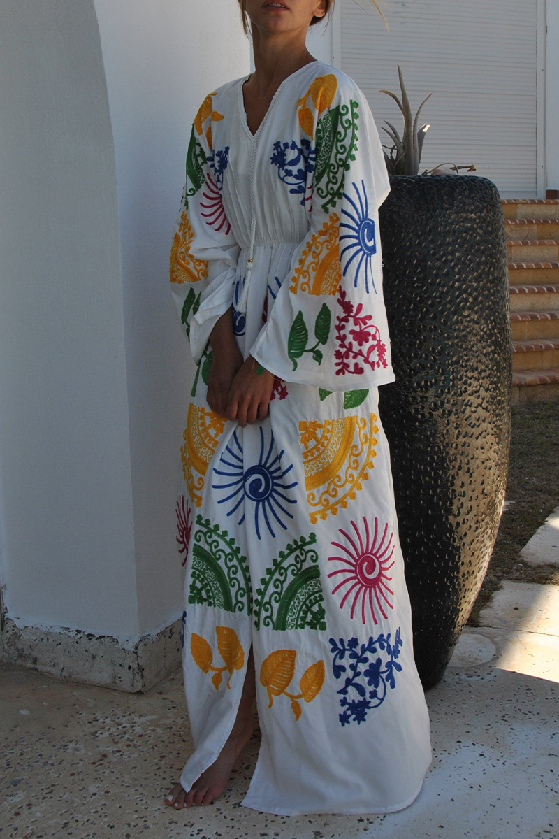 Women V-neck Long Sleeved Embroidered Casual Maxi Dress