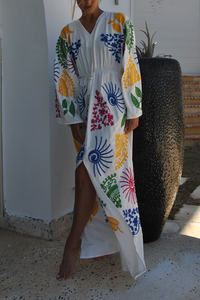 Women V-neck Long Sleeved Embroidered Casual Maxi Dress