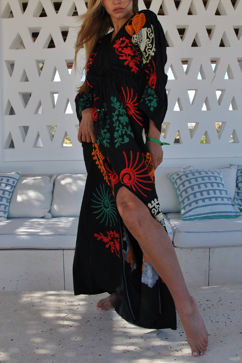 Women V-neck Long Sleeved Embroidered Casual Maxi Dress