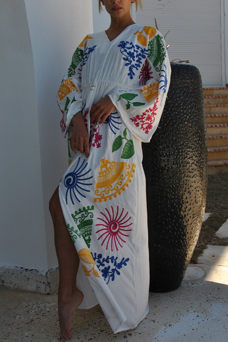 Women V-neck Long Sleeved Embroidered Casual Maxi Dress