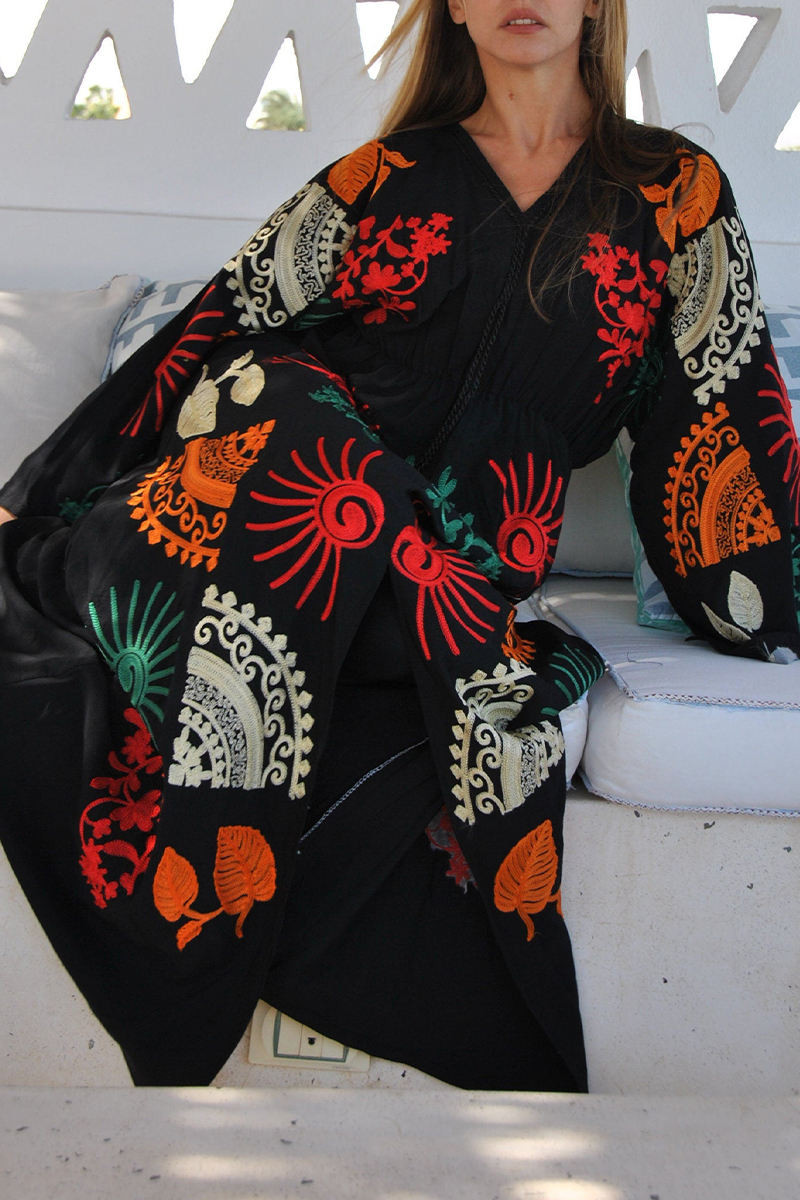 Women V-neck Long Sleeved Embroidered Casual Maxi Dress