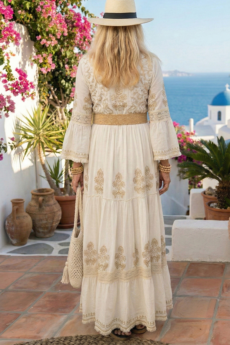 Women V-neck Printed Long Sleeved Elegant Casual Maxi Dress