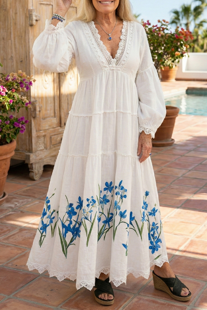 Women V-neck Printed Long Sleeved Elegant Casual Maxi Dress