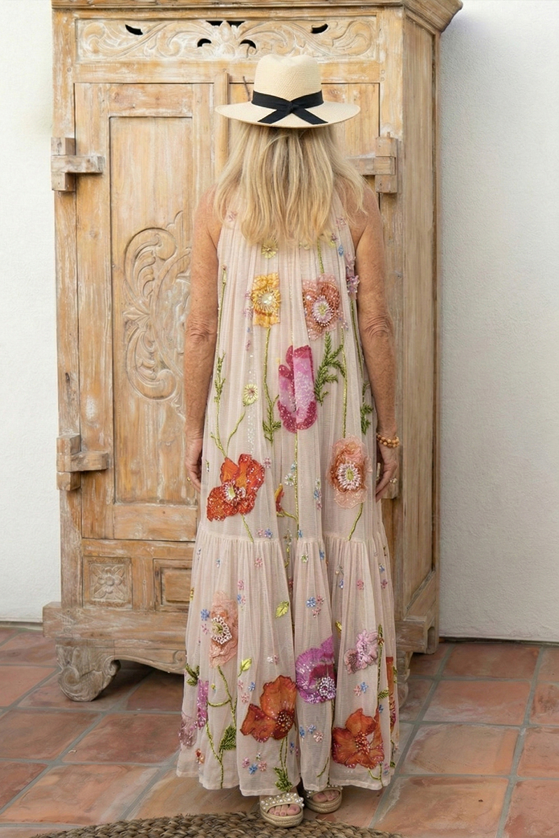 Women Round Neck Sleeveless Embroidered Patchwork Boho Maxi Dress