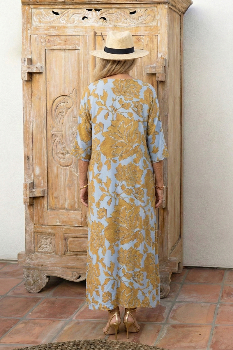 Women Round Neck Printed Elbow Long Sleeved Casual Maxi Dress