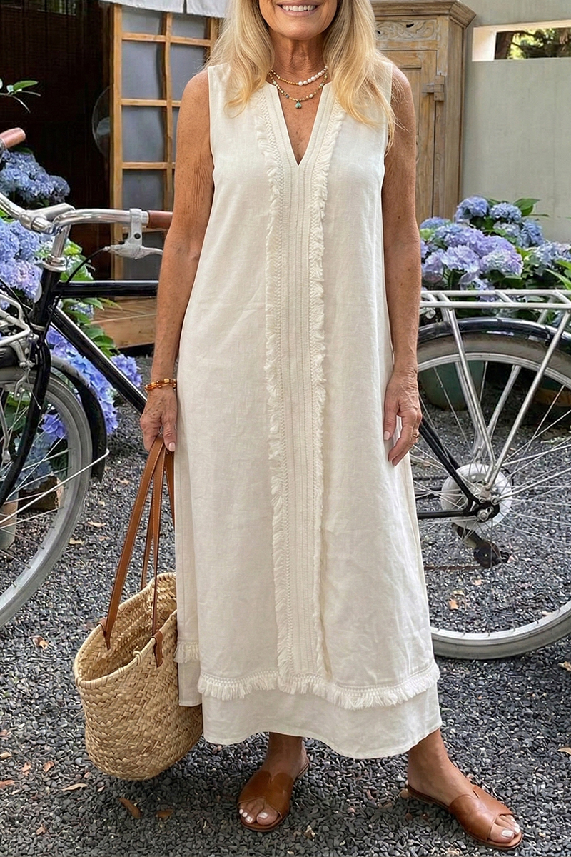 Women V-neck Sleeveless Solid Color Patchwork Casual Maxi Dress