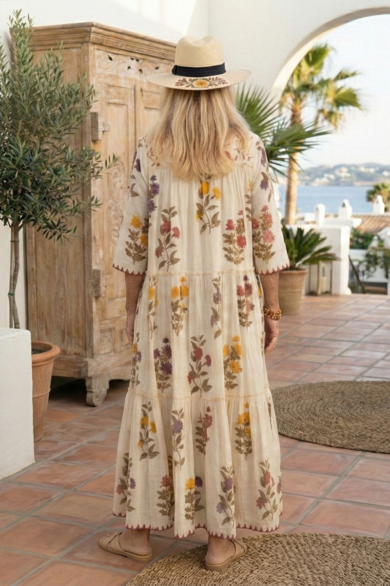 Women V-neck Half Elbow Sleeve Patchwork Printed Casual Maxi Dress