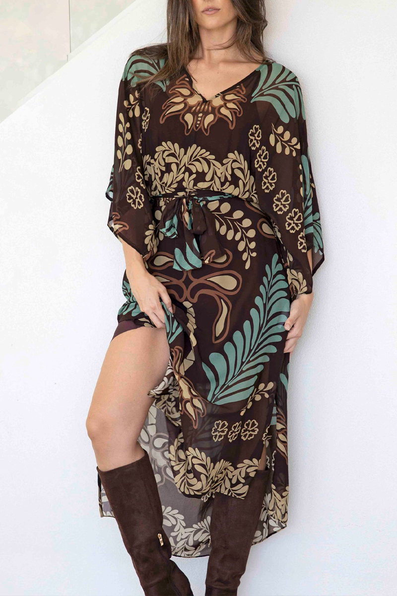 Women V-neck Printed Elbow Long Sleeved Elegant Maxi Dress