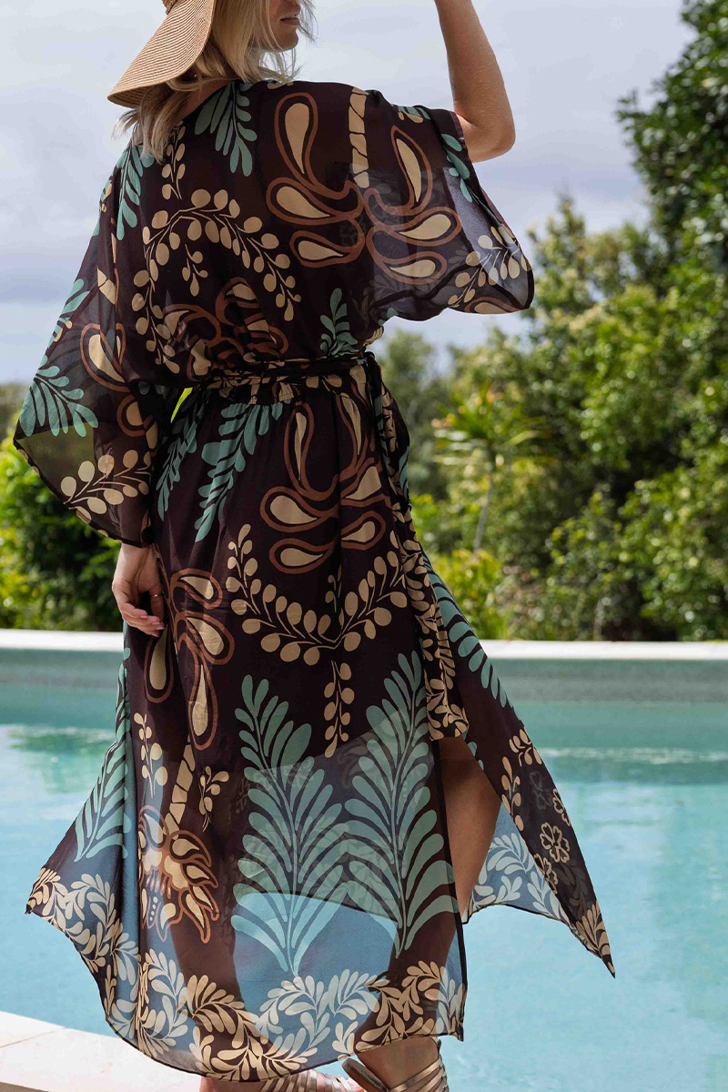 Women V-neck Printed Elbow Long Sleeved Elegant Maxi Dress