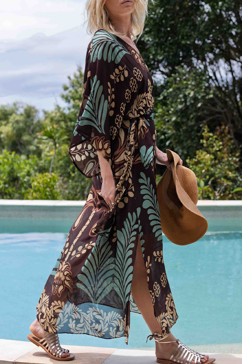 Women V-neck Printed Elbow Long Sleeved Elegant Maxi Dress
