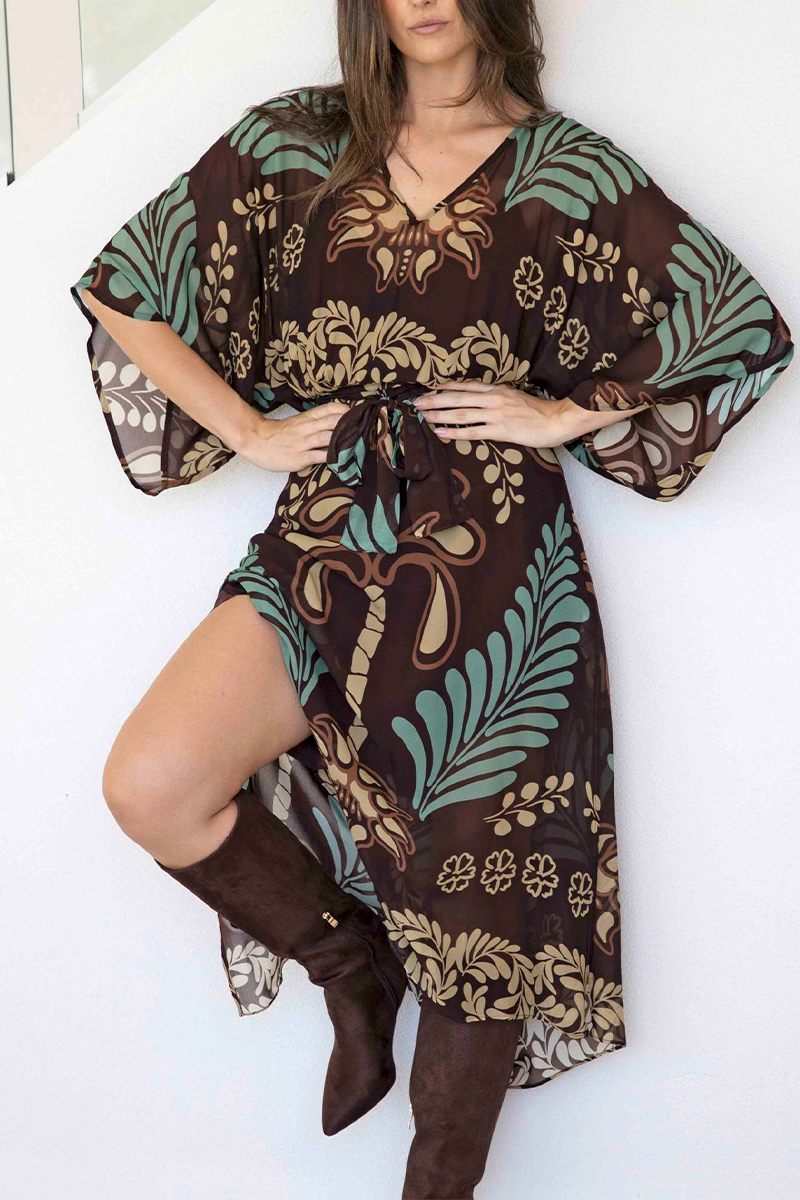 Women V-neck Printed Elbow Long Sleeved Elegant Maxi Dress