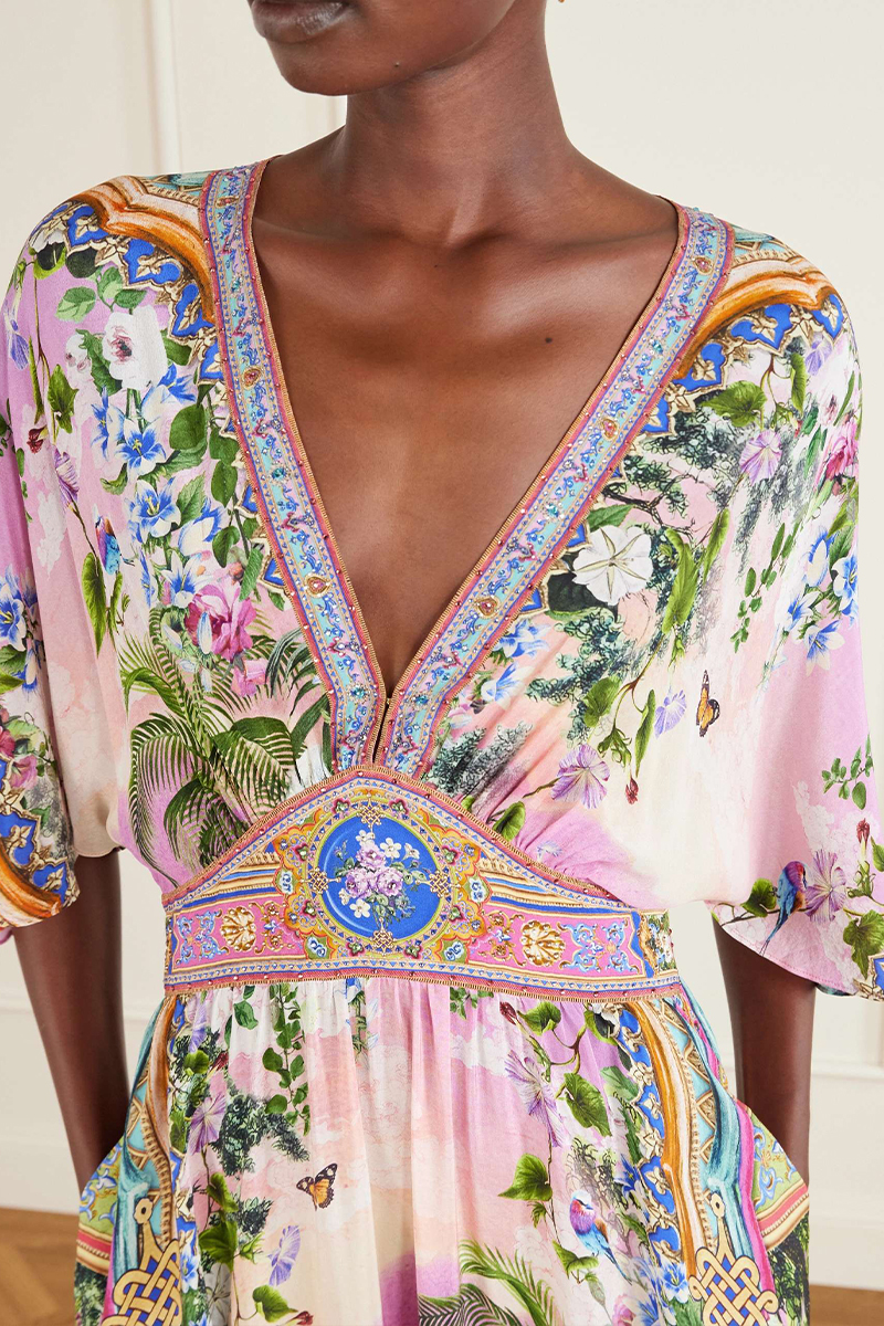 Women Deep V-neck Printed Half Sleeve Elegant Temperament Maxi Dress