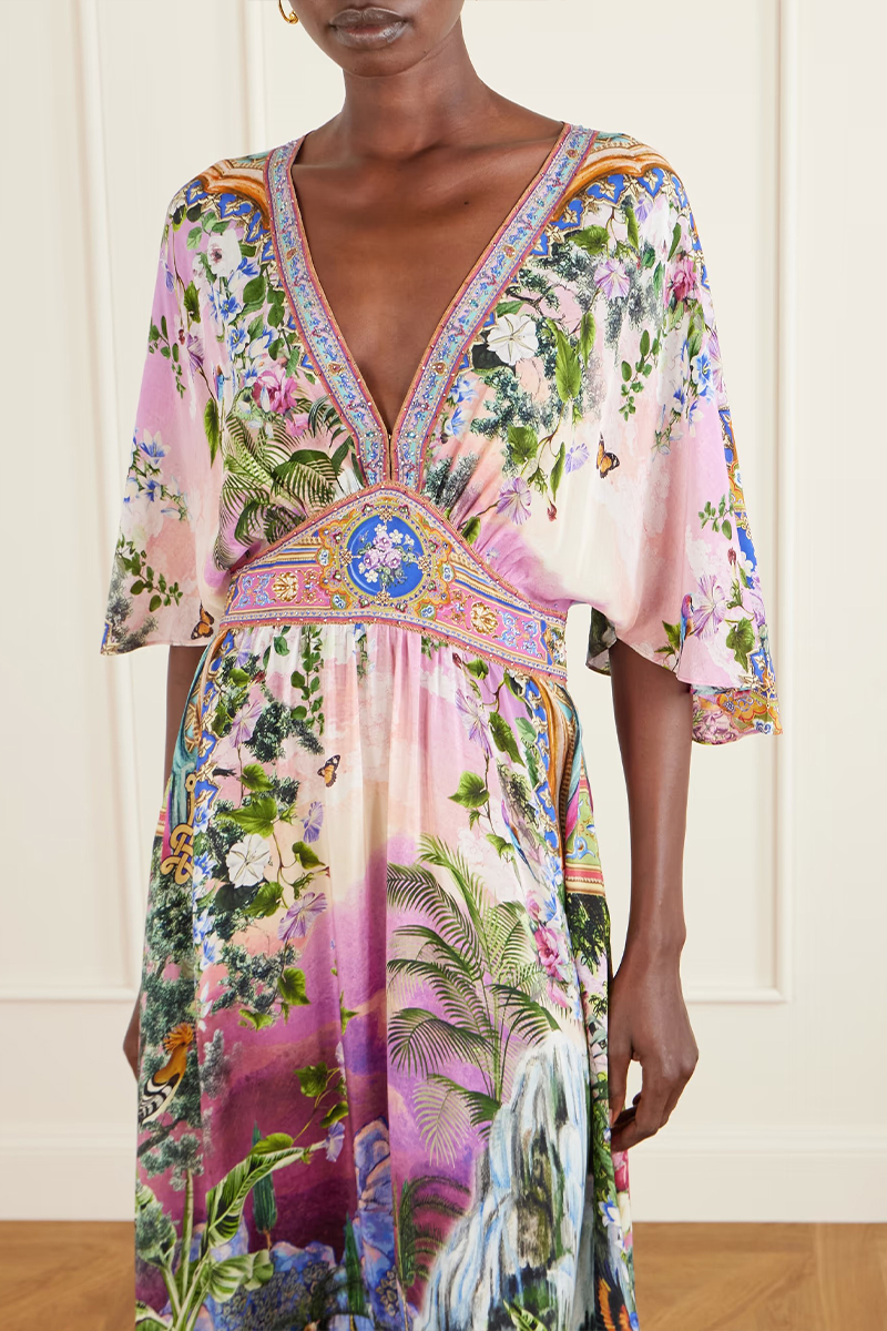 Women Deep V-neck Printed Half Sleeve Elegant Temperament Maxi Dress