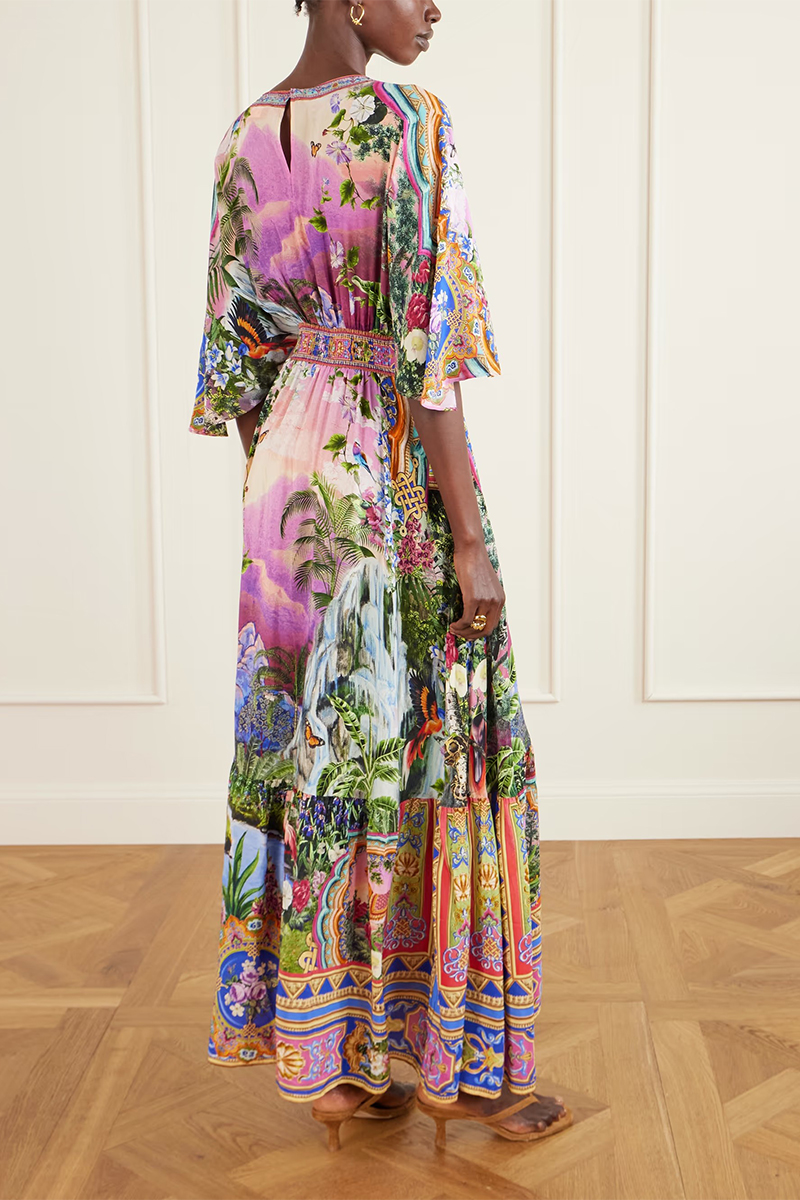 Women Deep V-neck Printed Half Sleeve Elegant Temperament Maxi Dress