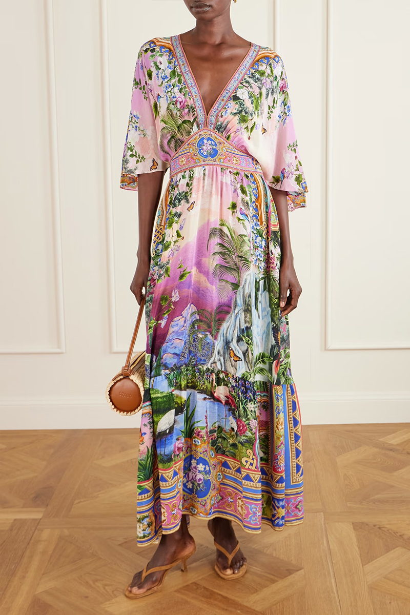 Women Deep V-neck Printed Half Sleeve Elegant Temperament Maxi Dress