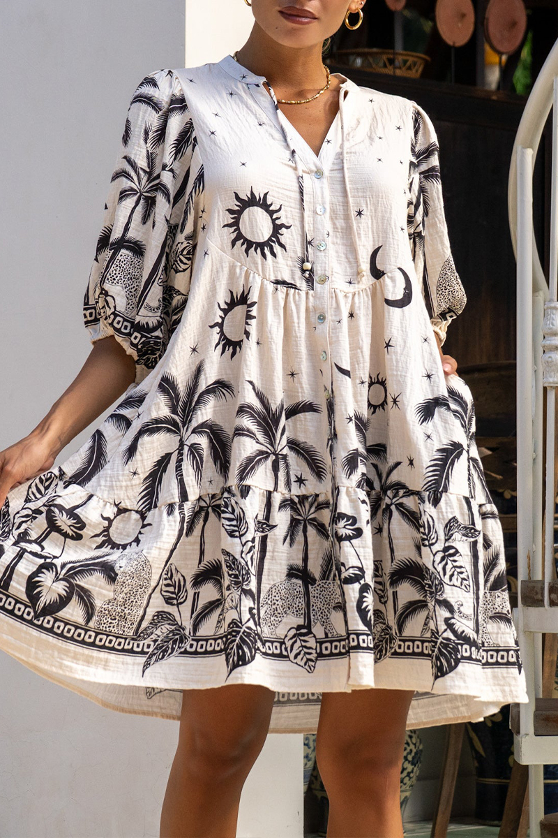 Women V-neck Printed Half Sleeved Elegant Casual Mini Dress