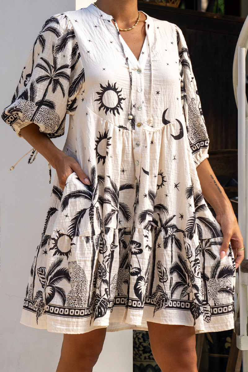 Women V-neck Printed Half Sleeved Elegant Casual Mini Dress