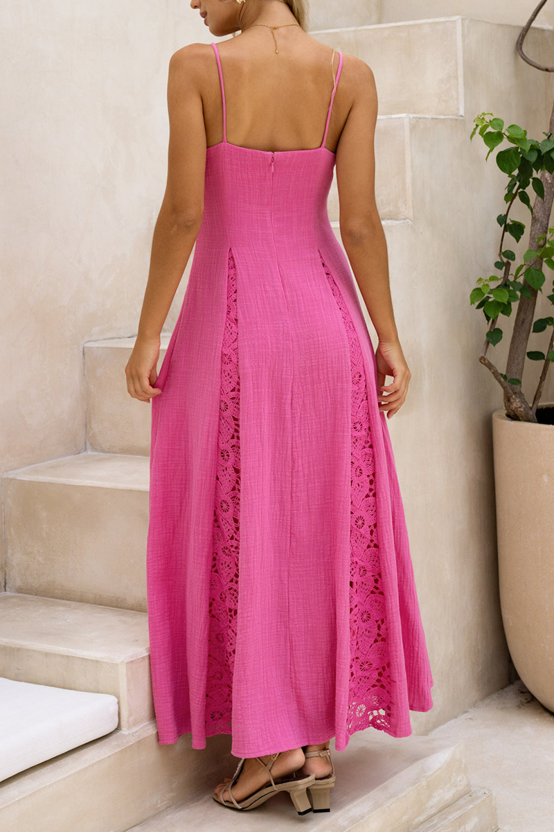 Women Strapless Sleeveless Patchwork Lace Print Elegant Casual Maxi Dress