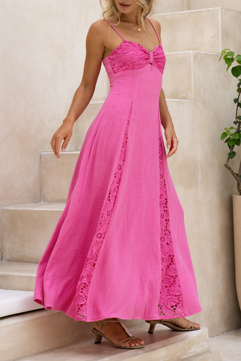 Women Strapless Sleeveless Patchwork Lace Print Elegant Casual Maxi Dress