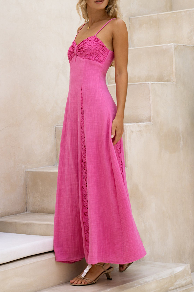 Women Strapless Sleeveless Patchwork Lace Print Elegant Casual Maxi Dress