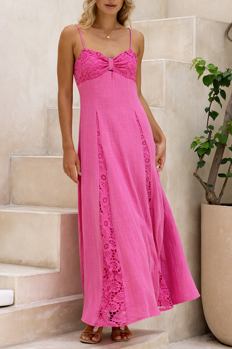 Women Strapless Sleeveless Patchwork Lace Print Elegant Casual Maxi Dress