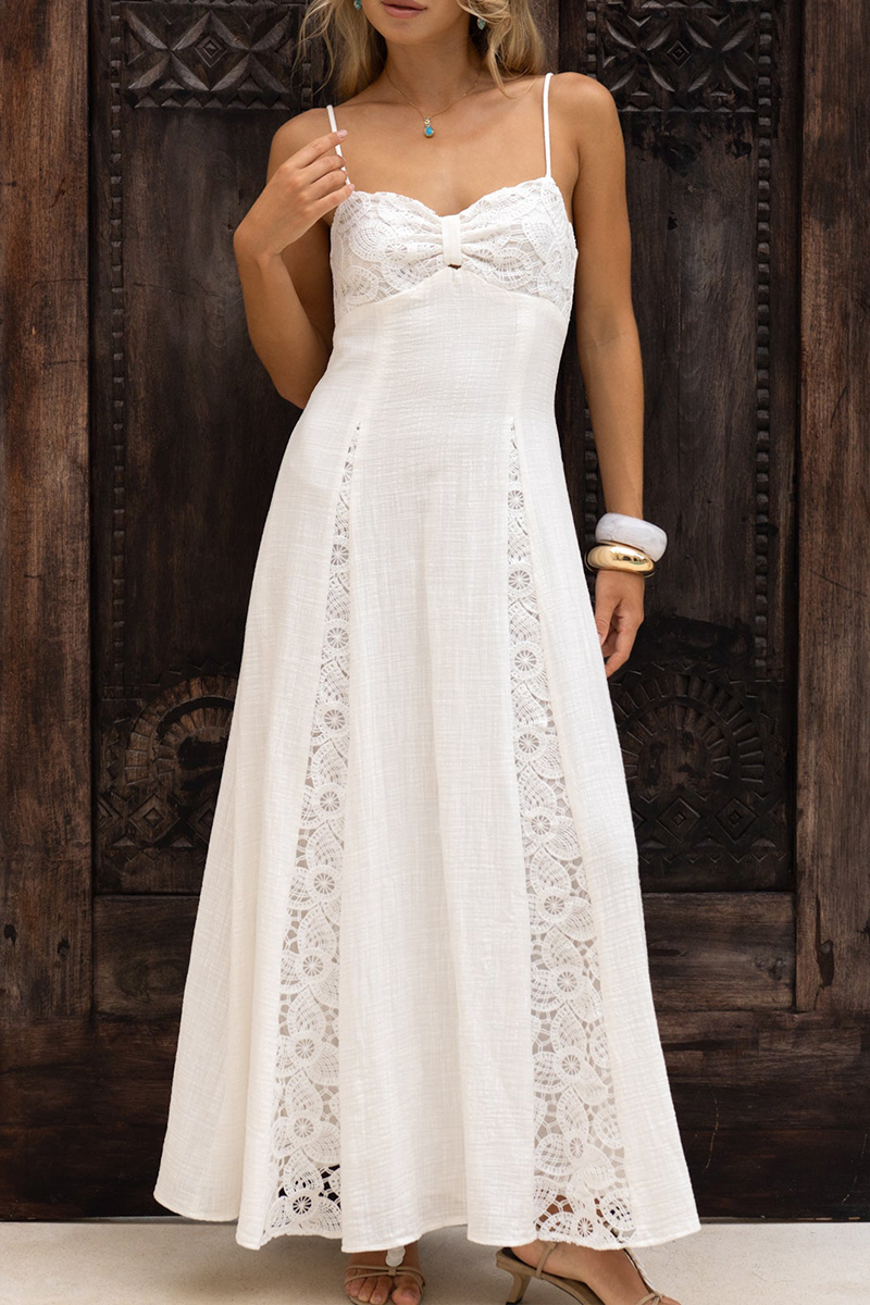 Women Strapless Sleeveless Patchwork Lace Print Elegant Casual Maxi Dress